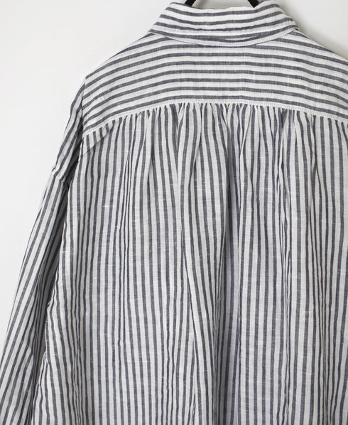 ISNAM2605S LINEN/COTTON STRIPE WORK GATHERED SHIRT