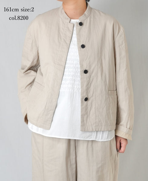 NMDS26211 60s STITCHED ORGANIC CAMBRIC STAND COLLAR FLY FRONT JACKET