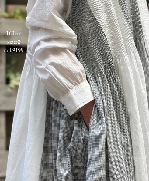 INMDS26112W HANDWOVEN COTTON SINGLE CHECK PATCHWORK BALL BUTTON SHIRTS DRESS