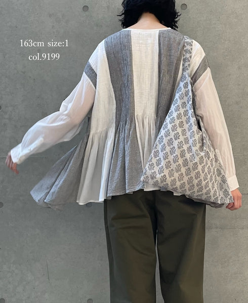 INMDS26111W HANDWOVEN COTTON SINGLE CHECK PATCHWORK BALL BUTTON SHIRTS WITH MINI PINTUCK