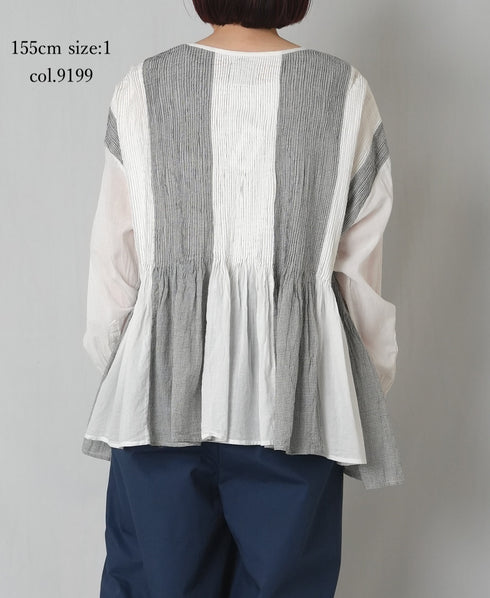 INMDS26111W HANDWOVEN COTTON SINGLE CHECK PATCHWORK BALL BUTTON SHIRTS WITH MINI PINTUCK