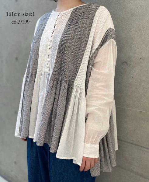 INMDS26111W HANDWOVEN COTTON SINGLE CHECK PATCHWORK BALL BUTTON SHIRTS WITH MINI PINTUCK