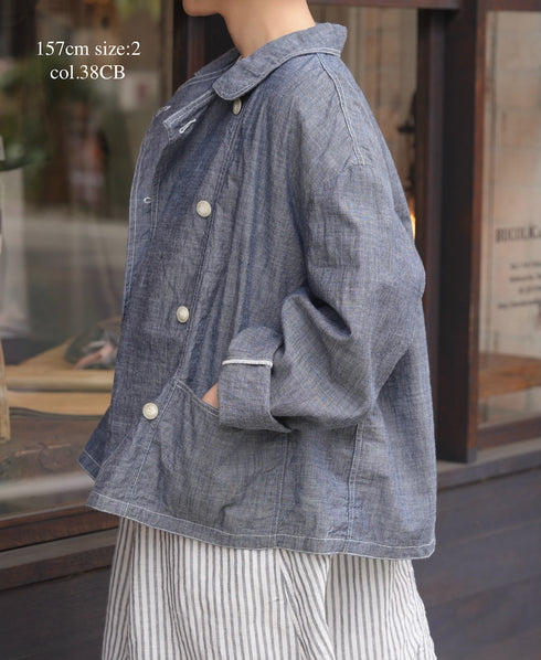 ISNAM2601CB NAVY (INDIGO) CHAMBRAY ROUND COLLAR DOUBLE JACKET