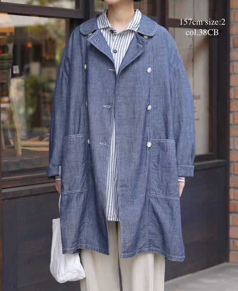 ISNAM2602CB NAVY (INDIGO) CHAMBRAY ROUND COLLAR DOUBLE LONG JACKET