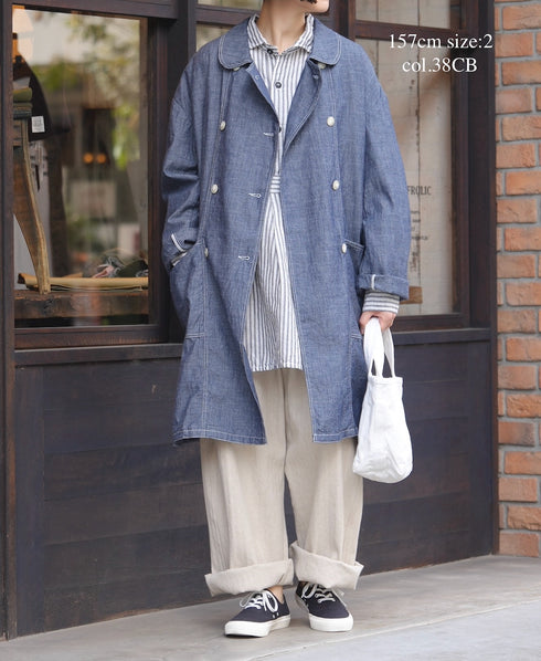ISNAM2602CB NAVY (INDIGO) CHAMBRAY ROUND COLLAR DOUBLE LONG JACKET