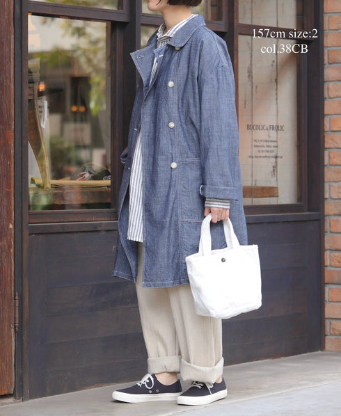ISNAM2602CB NAVY (INDIGO) CHAMBRAY ROUND COLLAR DOUBLE LONG JACKET