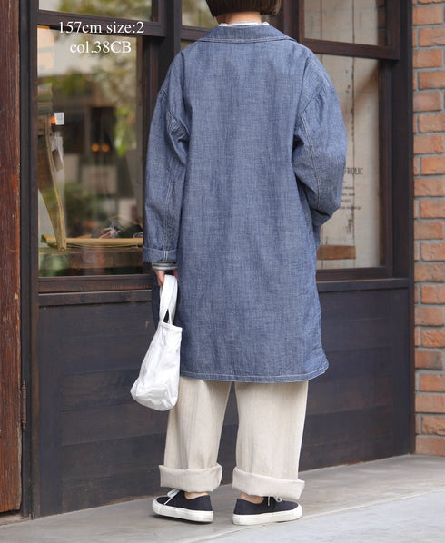 ISNAM2602CB NAVY (INDIGO) CHAMBRAY ROUND COLLAR DOUBLE LONG JACKET