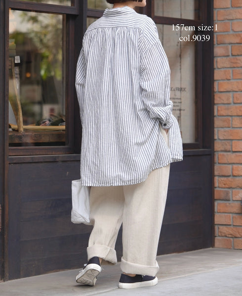 ISNAM2605S LINEN/COTTON STRIPE WORK GATHERED SHIRT