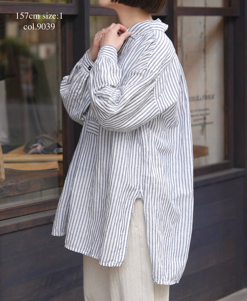 ISNAM2605S LINEN/COTTON STRIPE WORK GATHERED SHIRT