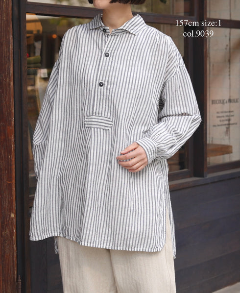 ISNAM2605S LINEN/COTTON STRIPE WORK GATHERED SHIRT