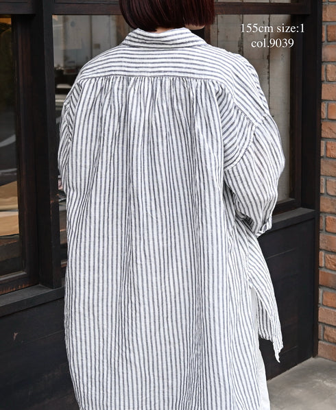 ISNAM2605S LINEN/COTTON STRIPE WORK GATHERED SHIRT