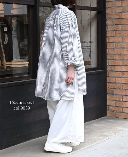 ISNAM2605S LINEN/COTTON STRIPE WORK GATHERED SHIRT