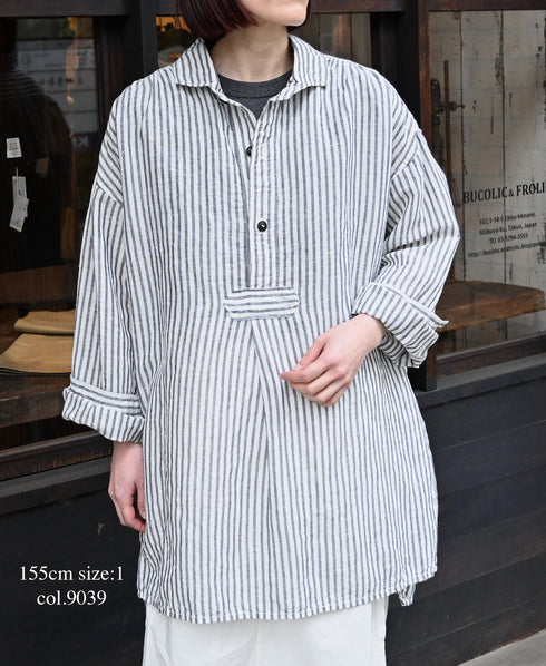 ISNAM2605S LINEN/COTTON STRIPE WORK GATHERED SHIRT