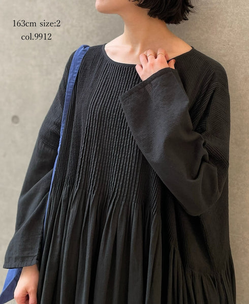 NMDS26232D 80s ORGANIC MICRO CHECK OVERDYE MINI PINTUCK PULLOVER DRESS