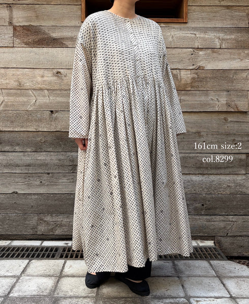 INMDS26084 80s VOILE SQUARE BLOCK PRINT CREW NECK BUTTON SHIRTS DRESS WITH MINI PINTUCK