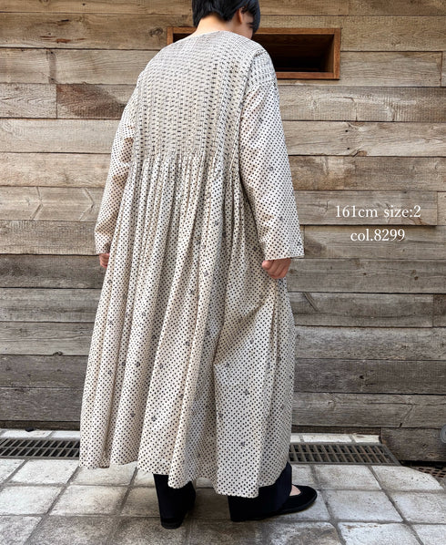 INMDS26084 80s VOILE SQUARE BLOCK PRINT CREW NECK BUTTON SHIRTS DRESS WITH MINI PINTUCK