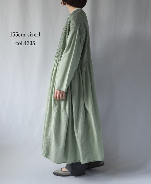 NMDS26234D 80s ORGANIC MICRO CHECK OVERDYE CREW-NECK BUTTON SHIRT MAXI DRESS WITH MINI PINTUCK