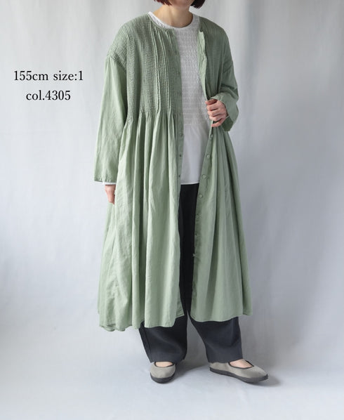NMDS26234D 80s ORGANIC MICRO CHECK OVERDYE CREW-NECK BUTTON SHIRT MAXI DRESS WITH MINI PINTUCK