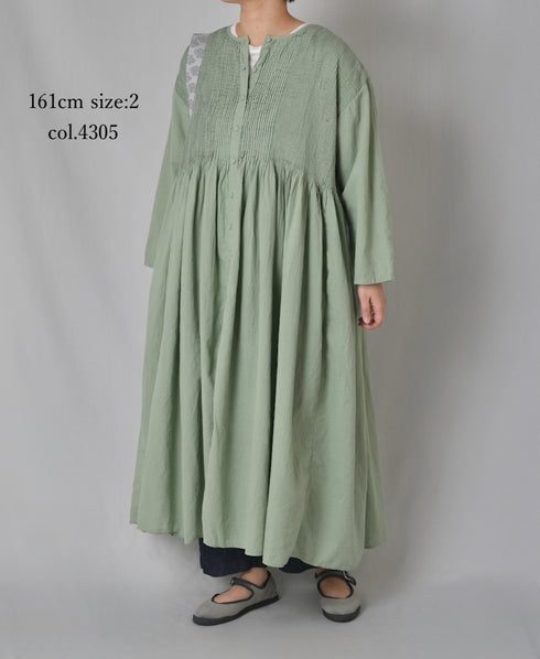 NMDS26234D 80s ORGANIC MICRO CHECK OVERDYE CREW-NECK BUTTON SHIRT MAXI DRESS WITH MINI PINTUCK