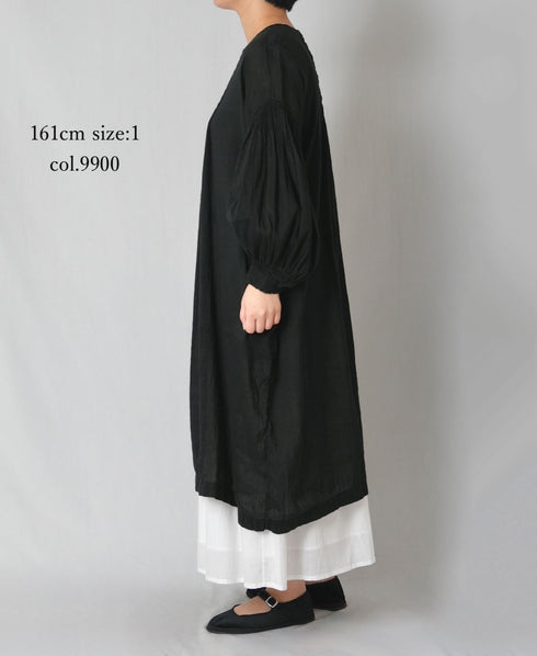 INMDS26011D AUTOLOOM LINEN/CO PLAIN OVERDYE BACK OPENING CREW-NECK SHIRTS DRESS WITH MINI PINTUCK