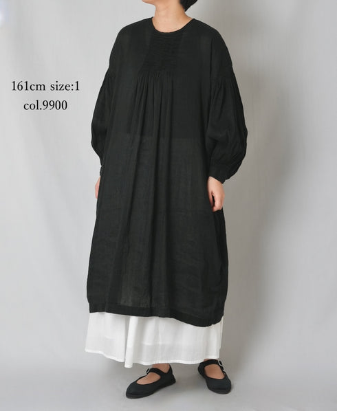 INMDS26011D AUTOLOOM LINEN/CO PLAIN OVERDYE BACK OPENING CREW-NECK SHIRTS DRESS WITH MINI PINTUCK