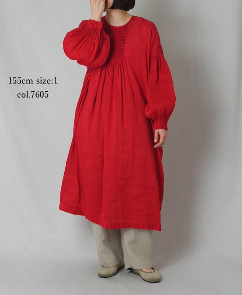 INMDS26011D AUTOLOOM LINEN/CO PLAIN OVERDYE BACK OPENING CREW-NECK SHIRTS DRESS WITH MINI PINTUCK