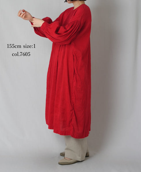 INMDS26011D AUTOLOOM LINEN/CO PLAIN OVERDYE BACK OPENING CREW-NECK SHIRTS DRESS WITH MINI PINTUCK