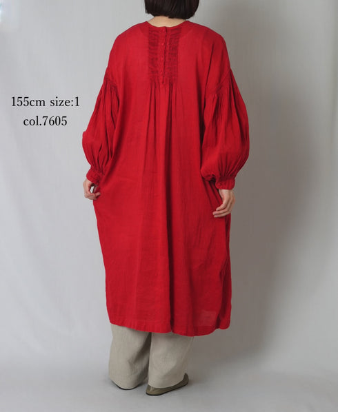 INMDS26011D AUTOLOOM LINEN/CO PLAIN OVERDYE BACK OPENING CREW-NECK SHIRTS DRESS WITH MINI PINTUCK