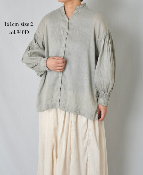 INMDS25011D AUTO LOOM COTTON/LINEN PLAIN OVERDYE FRILL COLLAR SHIRT WITH MINI PINTUCK