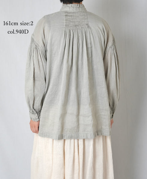 INMDS25011D AUTO LOOM COTTON/LINEN PLAIN OVERDYE FRILL COLLAR SHIRT WITH MINI PINTUCK