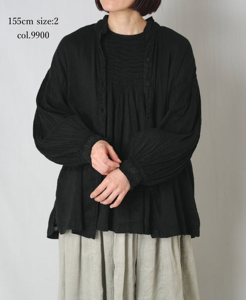 INMDS25011D AUTO LOOM COTTON/LINEN PLAIN OVERDYE FRILL COLLAR SHIRT WITH MINI PINTUCK