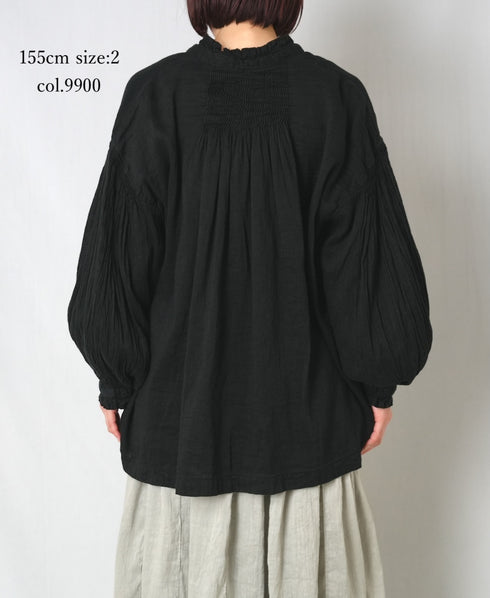 INMDS25011D AUTO LOOM COTTON/LINEN PLAIN OVERDYE FRILL COLLAR SHIRT WITH MINI PINTUCK