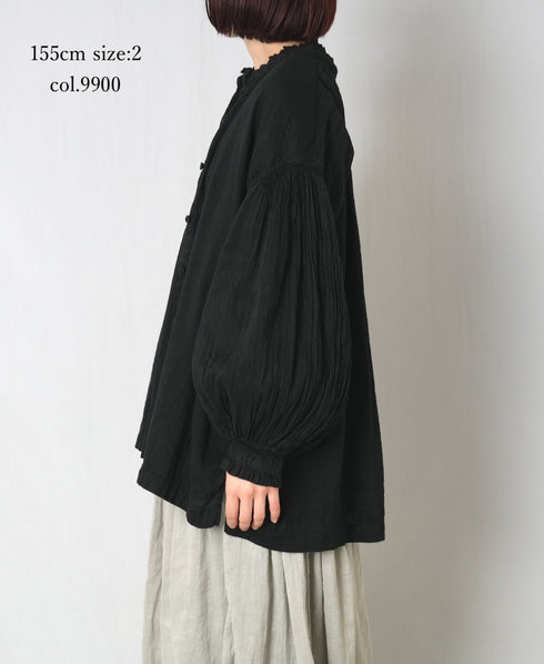 INMDS25011D AUTO LOOM COTTON/LINEN PLAIN OVERDYE FRILL COLLAR SHIRT WITH MINI PINTUCK