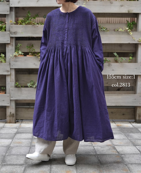 NMDS26234D 80s ORGANIC MICRO CHECK OVERDYE CREW-NECK BUTTON SHIRT MAXI DRESS WITH MINI PINTUCK