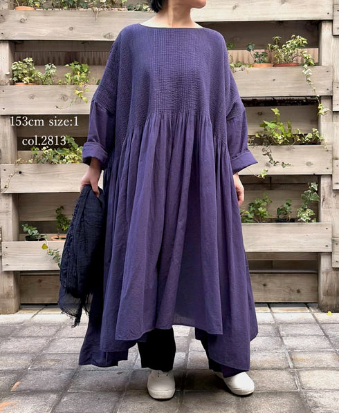 NMDS26232D 80s ORGANIC MICRO CHECK OVERDYE MINI PINTUCK PULLOVER DRESS