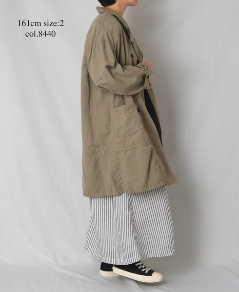 ISNAM2602D LINEN/COTTON PLAIN OVERDYE ROUND COLLAR DOUBLE LONG JACKET