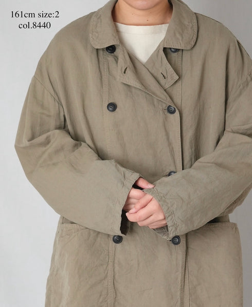 ISNAM2602D LINEN/COTTON PLAIN OVERDYE ROUND COLLAR DOUBLE LONG JACKET