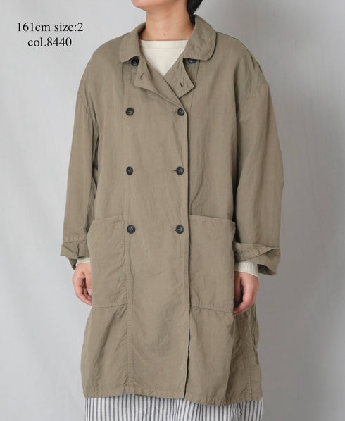 ISNAM2602D LINEN/COTTON PLAIN OVERDYE ROUND COLLAR DOUBLE LONG JACKET