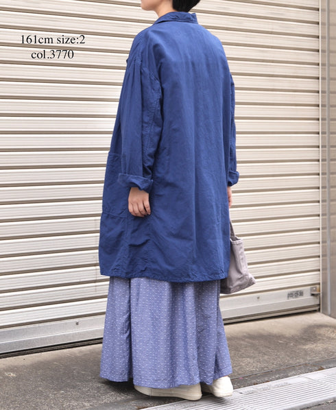 ISNAM2602D LINEN/COTTON PLAIN OVERDYE ROUND COLLAR DOUBLE LONG JACKET