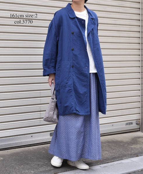 ISNAM2602D LINEN/COTTON PLAIN OVERDYE ROUND COLLAR DOUBLE LONG JACKET