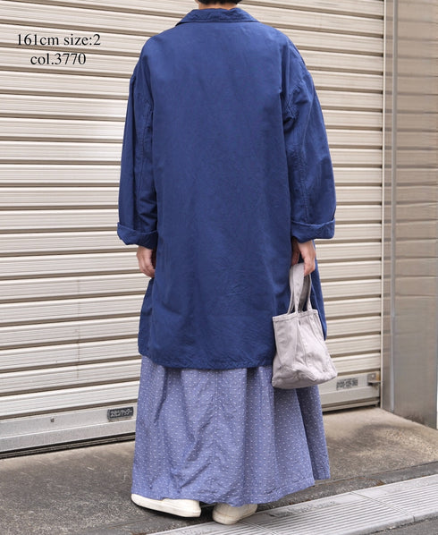 ISNAM2602D LINEN/COTTON PLAIN OVERDYE ROUND COLLAR DOUBLE LONG JACKET