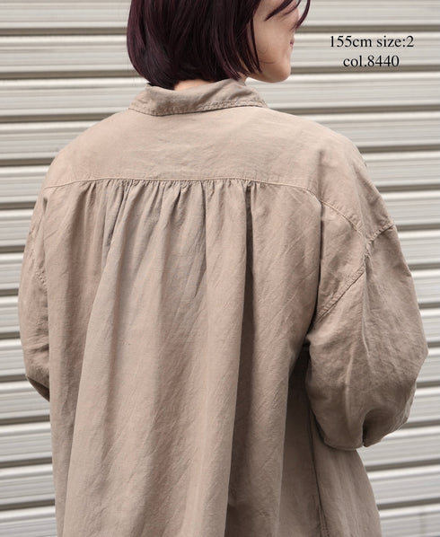 ISNAM2603D LINEN/COTTON PLAIN OVERDYE WORK GATHERED DRESS SHIRT