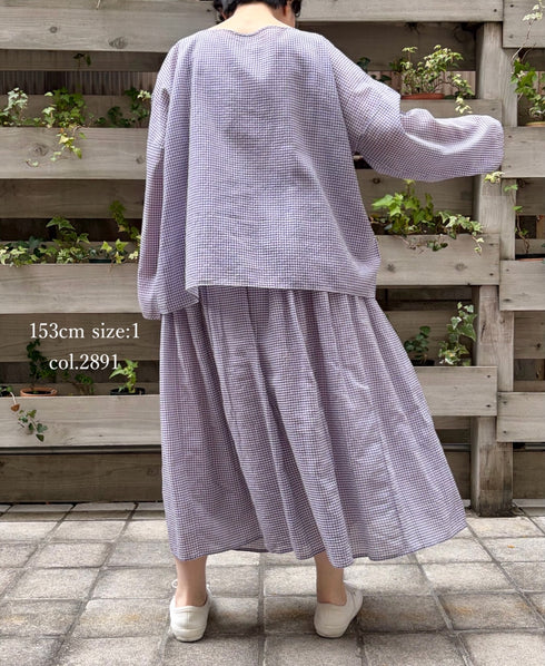 INMDS26026 HANDWOVEN COTTON/SILK SMALL GINGHAM CHECK GATHERED SKIRT