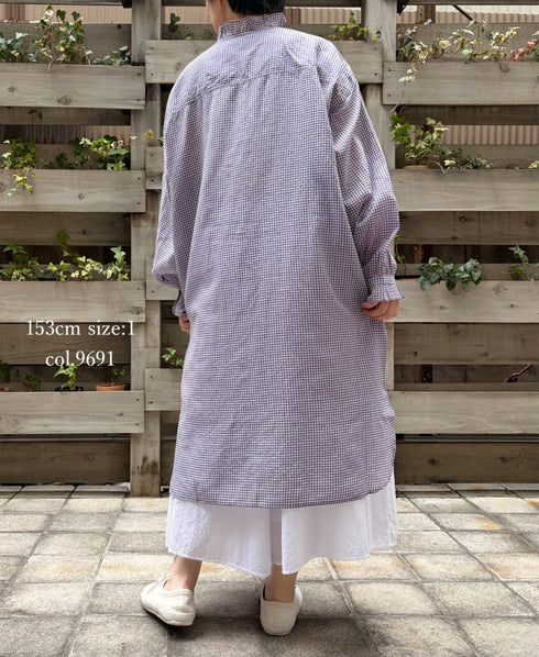 INMDS26023 HANDWOVEN COTTON/SILK SMALL GINGHAM CHECK FRILL COLLAR LONG SHIRTS