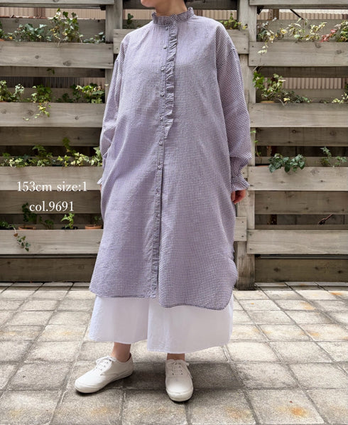 INMDS26023 HANDWOVEN COTTON/SILK SMALL GINGHAM CHECK FRILL COLLAR LONG SHIRTS