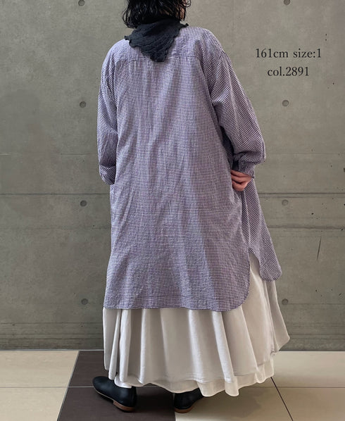 INMDS26023 HANDWOVEN COTTON/SILK SMALL GINGHAM CHECK FRILL COLLAR LONG SHIRTS
