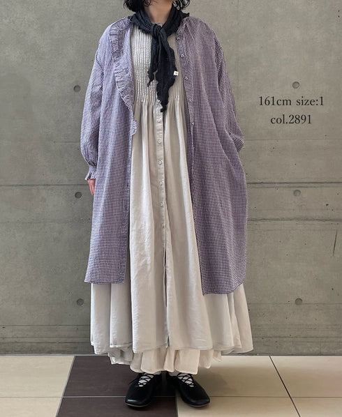 INMDS26023 HANDWOVEN COTTON/SILK SMALL GINGHAM CHECK FRILL COLLAR LONG SHIRTS