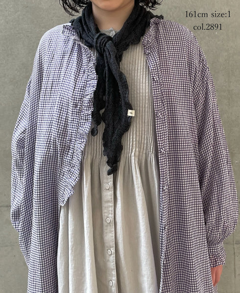 INMDS26023 HANDWOVEN COTTON/SILK SMALL GINGHAM CHECK FRILL COLLAR LONG SHIRTS