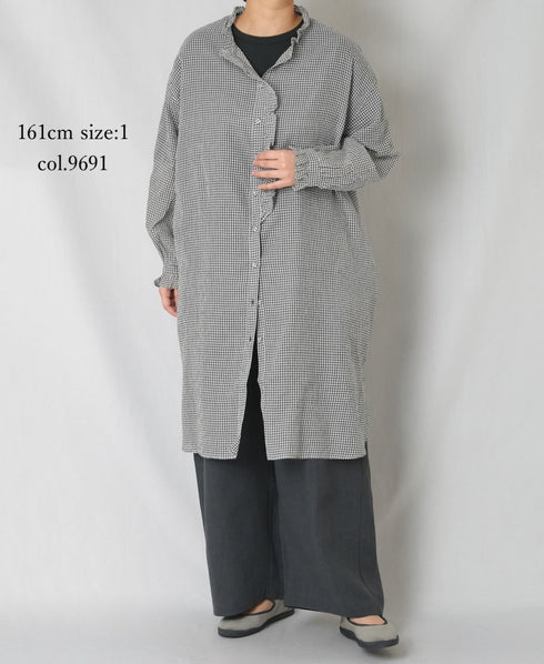 INMDS26023 HANDWOVEN COTTON/SILK SMALL GINGHAM CHECK FRILL COLLAR LONG SHIRTS