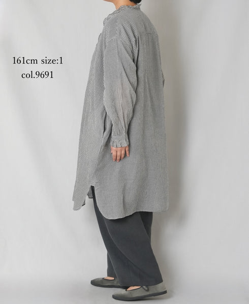 INMDS26023 HANDWOVEN COTTON/SILK SMALL GINGHAM CHECK FRILL COLLAR LONG SHIRTS